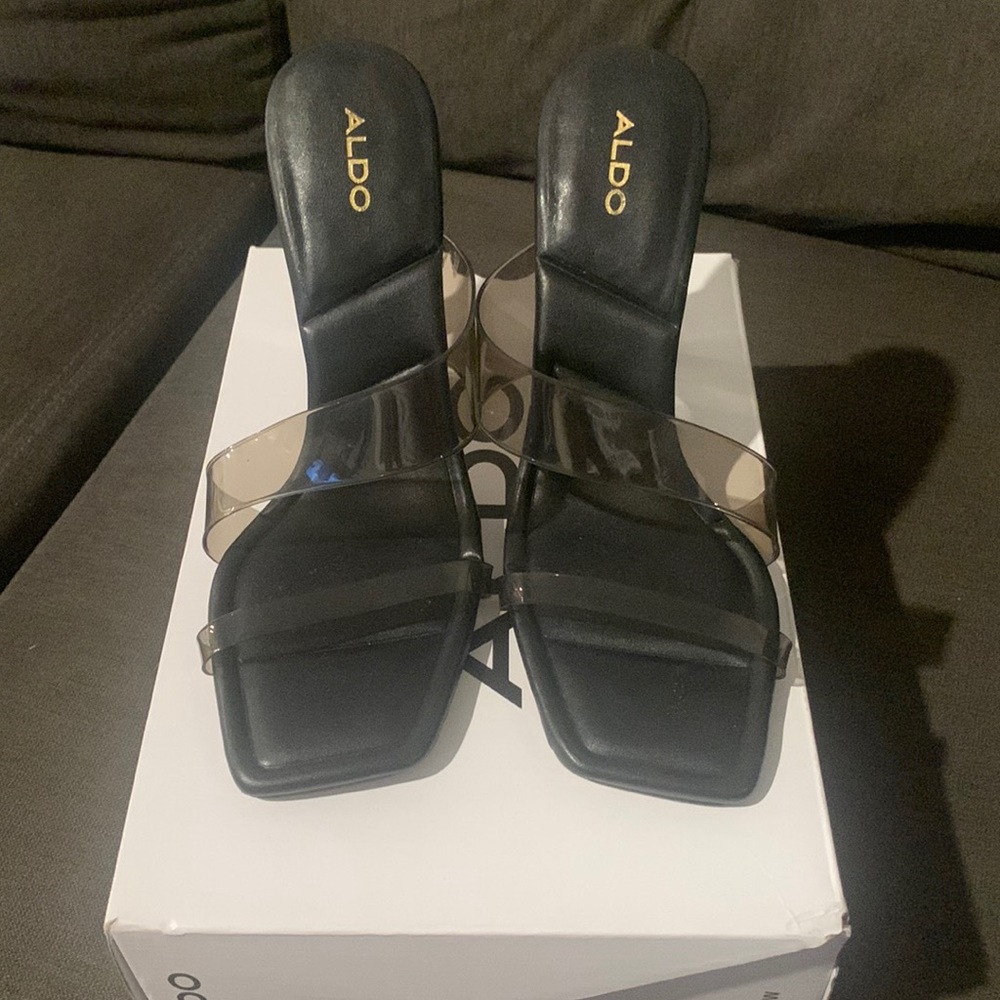 Clear black Aldo Aderra open toe heels